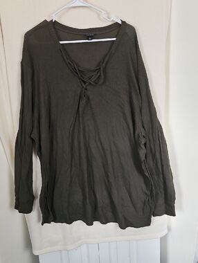 torrid olive green ribbed knit top with lace-up neckline